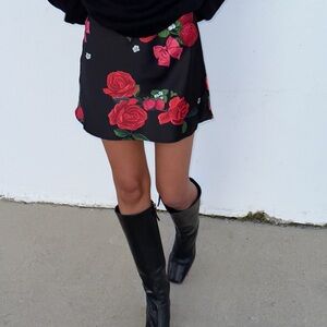 Lisa Says Gah Black Skirt with Red Floral Design